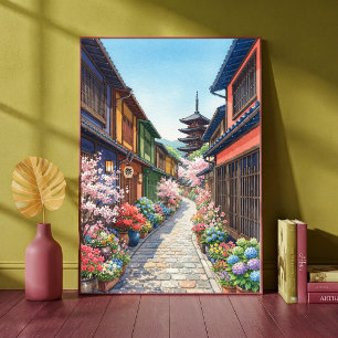 Poster Allée traditionnelle japonaise Pagode Aquarelle