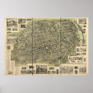 Poster Allentown Pennsylvania 1901 Antique Panoramic Map