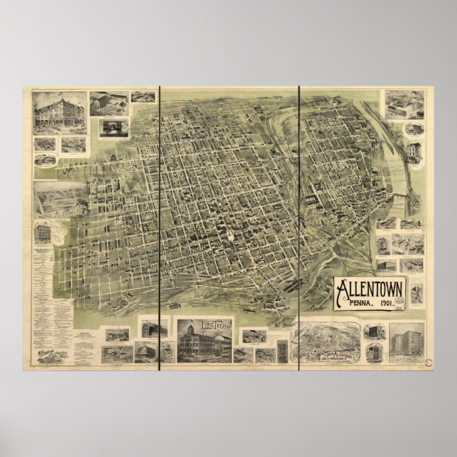 Poster Allentown Pennsylvanie 1901 Antique carte panorami (Devant)