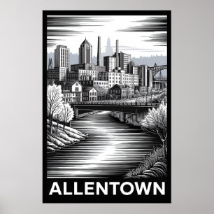 Poster Allentown Pennsylvanie Skyline Noir Blanc Gravure