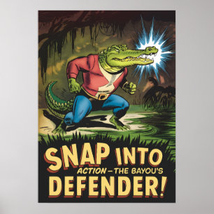 Poster Alligator héroïque Style comique Bayou Defender