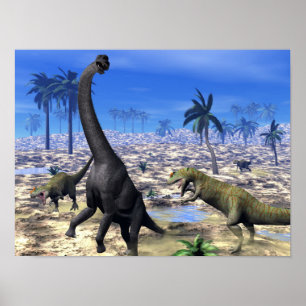 Poster Allosaurus attaquant brachiosaurus dinosaure