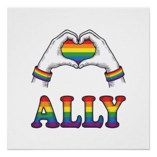 Poster Ally Rainbow Hands Heart Vintage Pride Conception