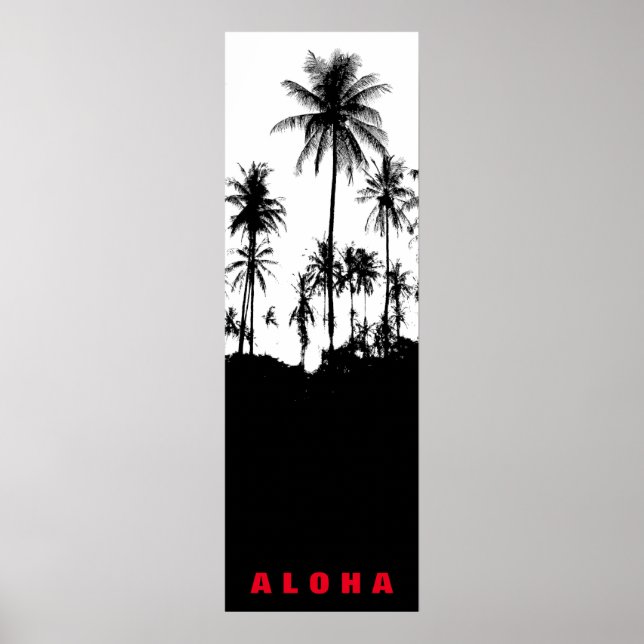 Poster Aloha Blanc Noir Hawaii Palmiers Tropiques Voyage (Devant)
