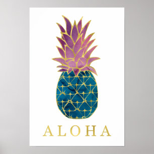 Poster Aloha coloré Aquarelle et Ananas Or