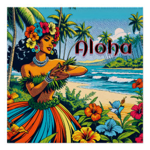 Poster Aloha   Hawaii Hula Dancer sur la plage
