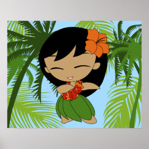Poster Aloha Honeys Hawaii Orange Hibiscus Hula Girl