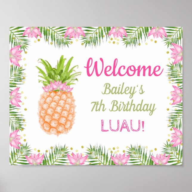 Poster Aloha Luau Anniversaire Décor rose or Bienvenue (Devant)
