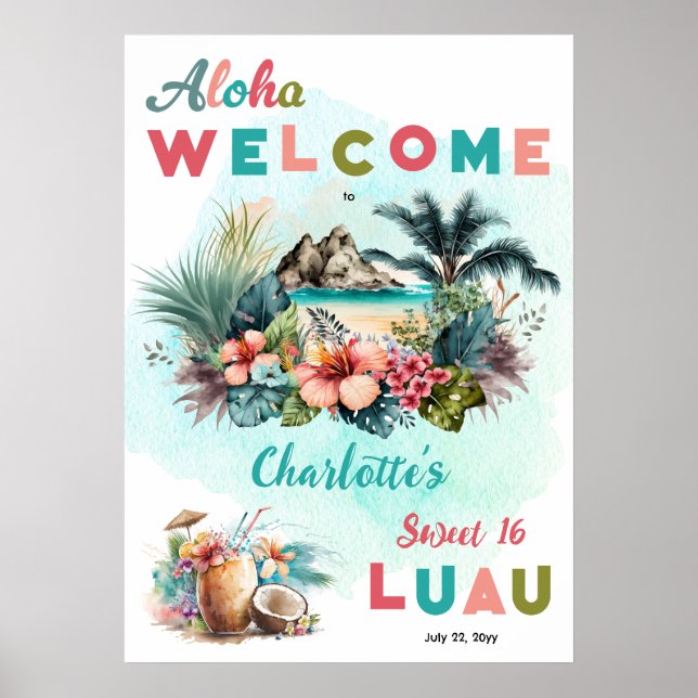 Poster Aloha Luau Tropical Island Beach Sweet 16 Party (Devant)