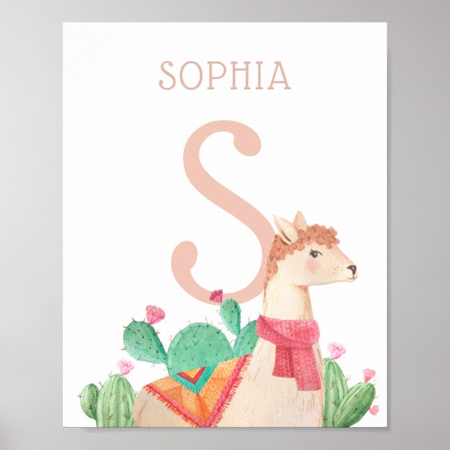 Poster Alpaca Nursery Wall Art. Llama Kids Name & Initial (Devant)