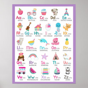 Poster Alphabet A à Z Enfants Nourriture bébé sur pourpre