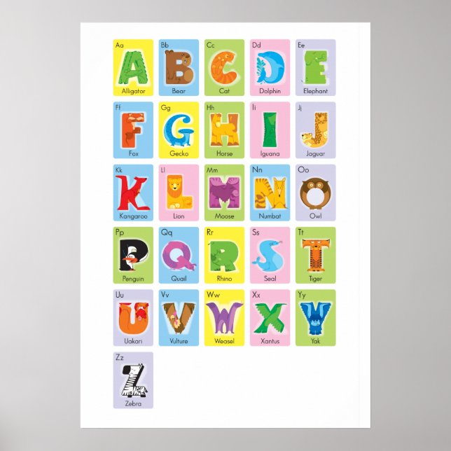 Poster Alphabet Animalier - Style Carte Flash (Devant)