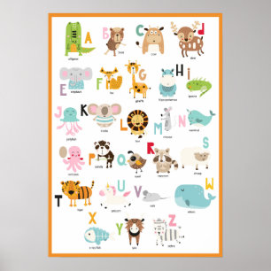 Poster Alphabet Animaux Cadre Orange Coloré Lumineux