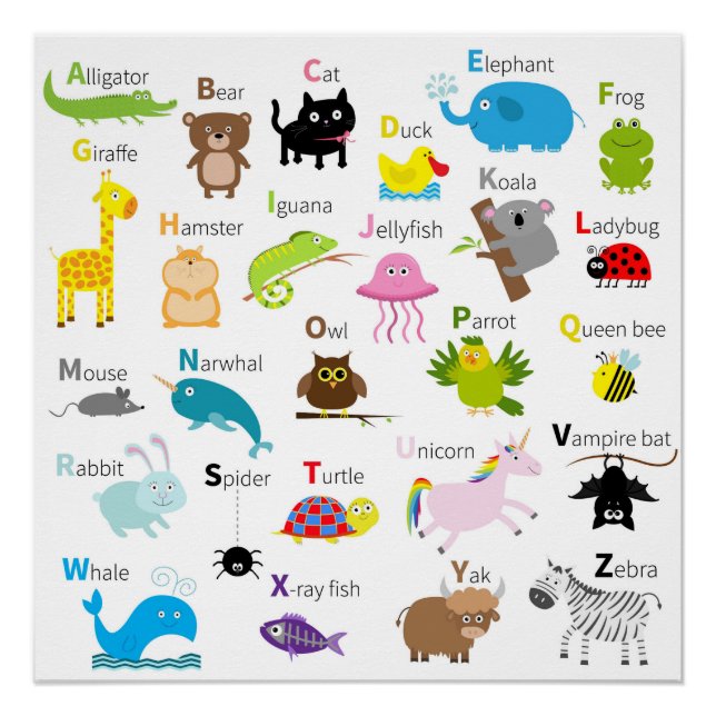 Poster Alphabet avec des images et des lettres d'animaux (Devant)
