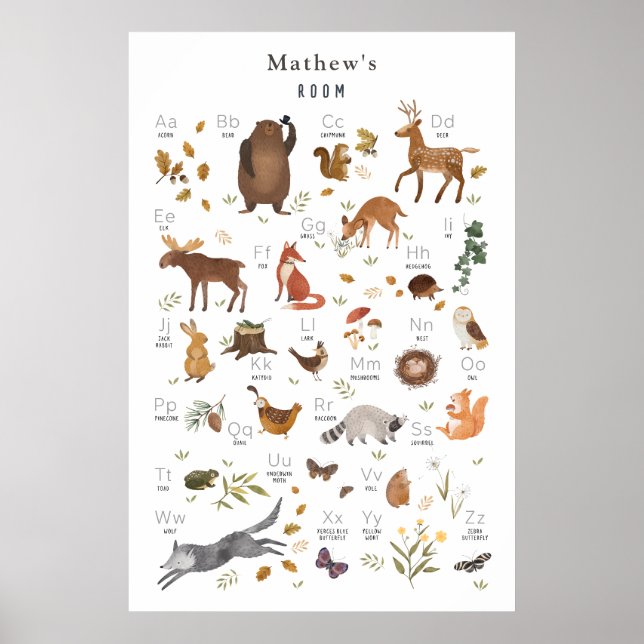 Poster Alphabet ludique pour enfants ours forêt boisée (Devant)