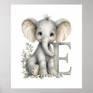 Poster Alphabet mignon en aquarelle des bébés animaux Élé