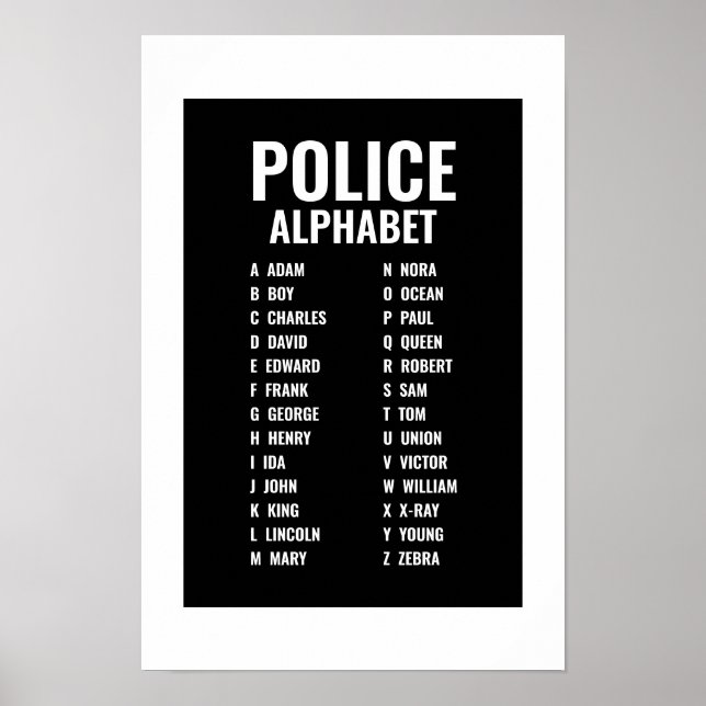 Poster Alphabet phonétique de police noir et blanc (Devant)