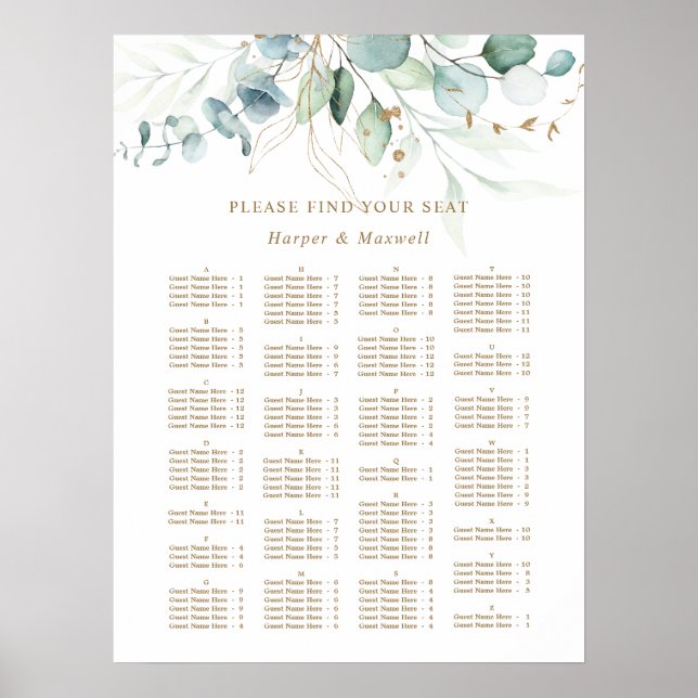 Poster ALPHABÉTIQUE Commande Gold et Mariage vert Siège (Devant)
