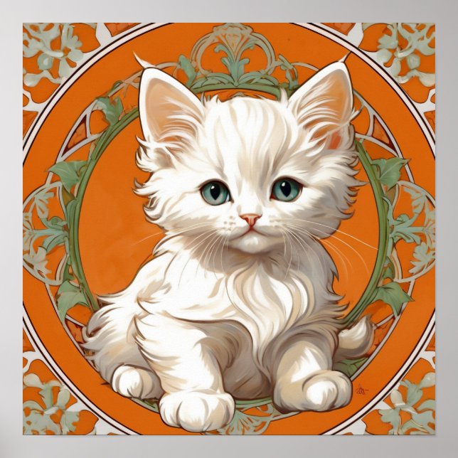 Poster Alphonse Mucha Art Nouveau Kitten blanc (Devant)