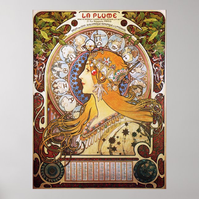 Poster Alphonse Mucha. La Plume/Zodiac, 1896. (Devant)