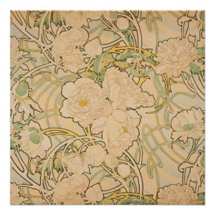 Poster Alphonse Mucha - Peonies