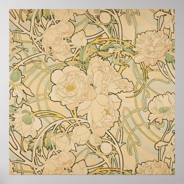 Poster Alphonse Mucha Peonies Peony Roses Fawn 1897 (Devant)