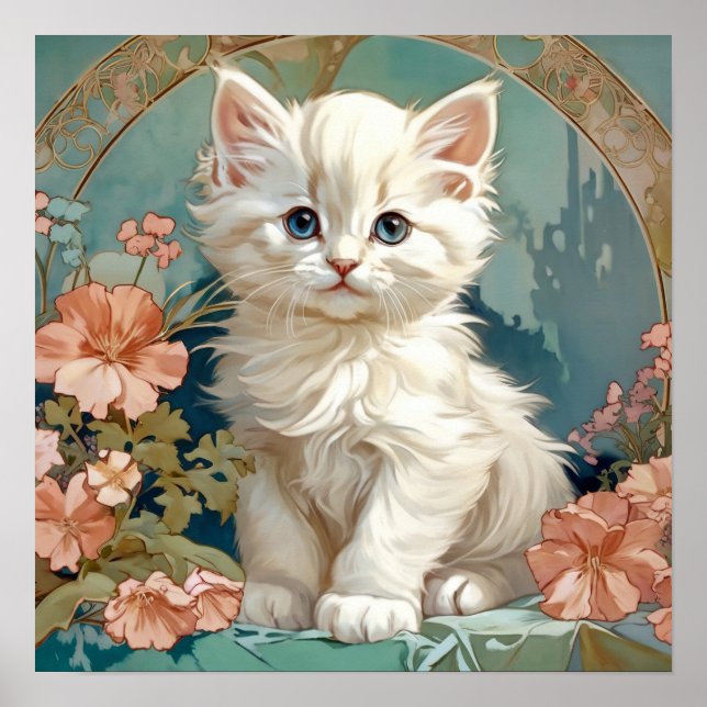 Poster Alphonse Mucha Style Chat blanc (Devant)