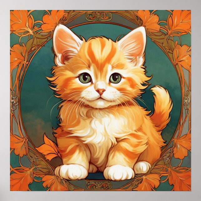 Poster Alphonse Mucha Style Chat orange (Devant)