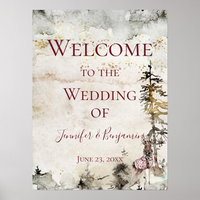 Poster Alpine Mountain Stag Bourgogne Bienvenue Mariage | (Devant)
