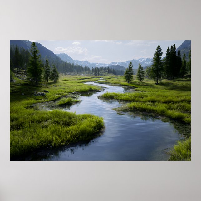 Poster Alpine Valley Stream Green Meadows Snowy Peaks (Devant)