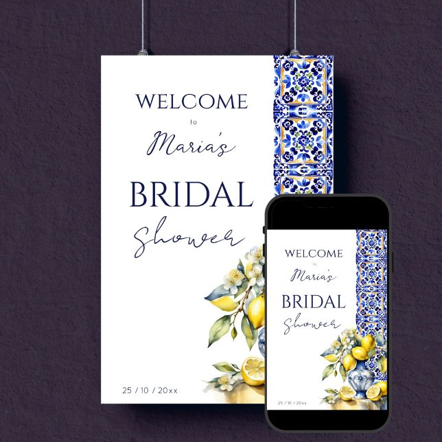 Poster Amalfi italien carrelage bleu citrons bienvenue (Amalfi Italian blue tiles lemons in a blue ceramics vase bridal shower welcome sign Poster template)