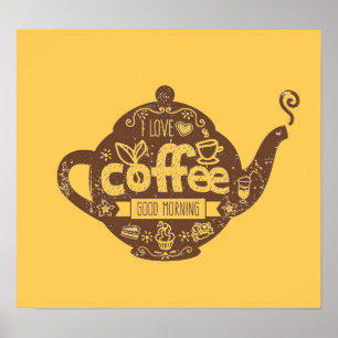 Poster Amateurs de café vintage J'aime café brun et or