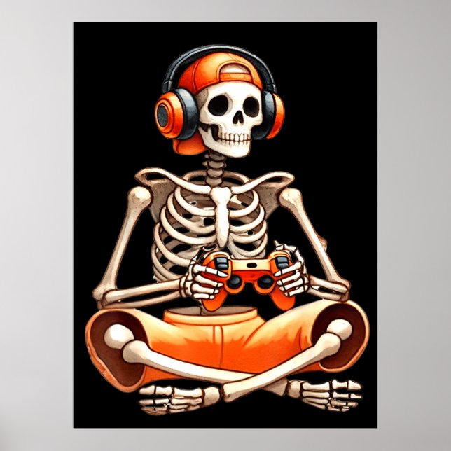 Poster Amateurs de jeux vidéo de squelette d'Halloween (Devant)