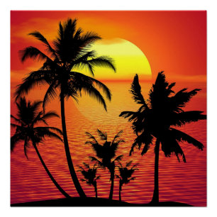 Poster Amazing sunset with palms on tropical beach