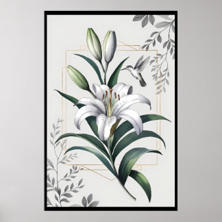 Poster Amazon Lily & Hummingbird - Dewdrop & Gold