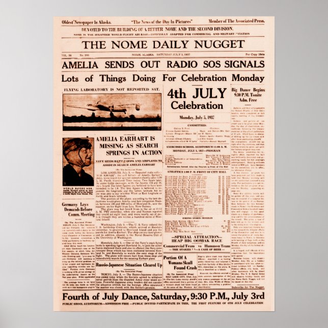 Poster Amelia Earhart Missing Full Page Newspaper 1937 (Devant)
