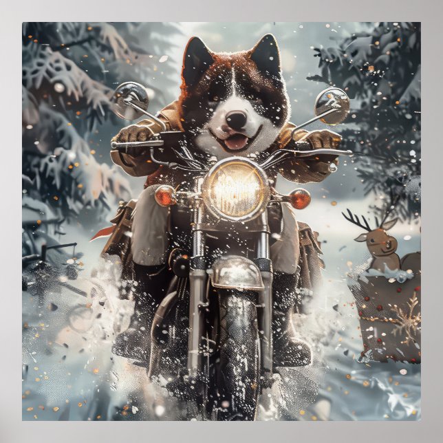 Poster American Akita Dog équitation moto Noël (Devant)