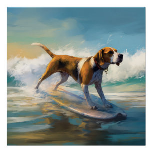 Poster American Engligh Foxhound Beach Surfing Paining