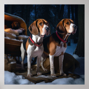 Poster American English Foxhound Snowy Sleigh Noël