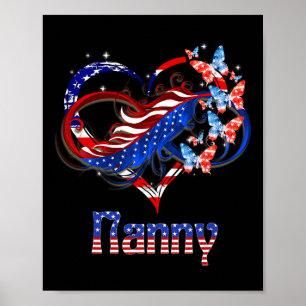 Poster American Nanny Heart Butterlfies Patriotic 4th Of
