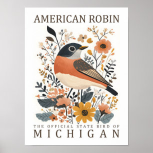 Poster American Robin Bird of Michigan USA Travel