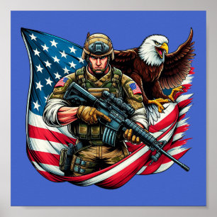 Poster American Soldier Eagle USA Drapeau Patriotique Art