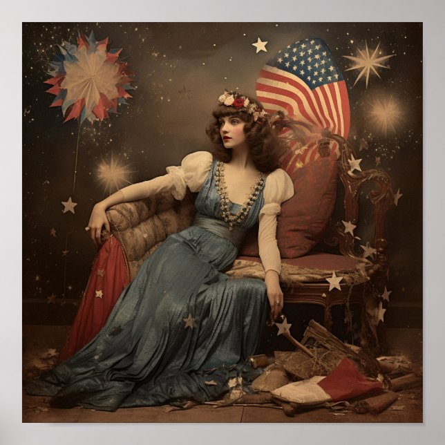 Poster Américana Nouvel An Femme avec un drapeau (Devant)