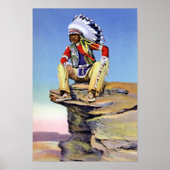 Poster Amérindien en costume Poisé sur le rocher (Devant)