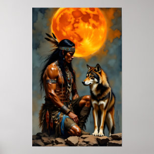 Poster Amérindien et Loup