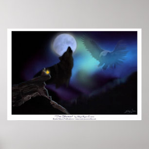 Poster amérindien, loup, aigle et lune
