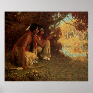 Poster Amérindien vintage, Chasse au cerf par souris
