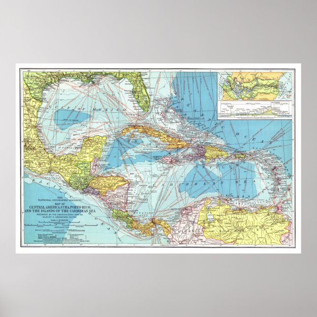 Poster " Amérique centrale/Caraïbes : 1913 Carte détaillé (Devant)