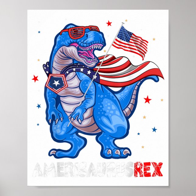 Poster Amerisaurus T Rex USA Drapeau Enfants Drôle 4 juil (Devant)