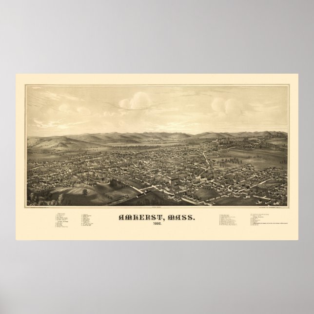 Poster Amherst, MA Carte panoramique - 1886 (Devant)